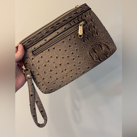 Taupe Ostrich Look Satchel Handbag and Wristlet - Picture 4 of 8